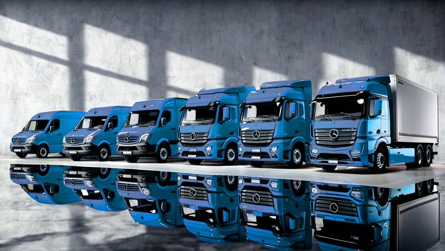 Bebol Logistiks moderne Flotte von Mercedes LKWs und Transportern in Reih und Glied, die unsere vielfältigen Transportmöglichkeiten zeigt